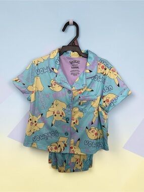 Pikachu Short Sleeve Kids Pajama Set - Light Blue
